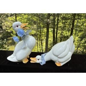 Vintage 1990’s Ceramic Country Duck Goose Figurines Set Of 2 Super Cute! BA